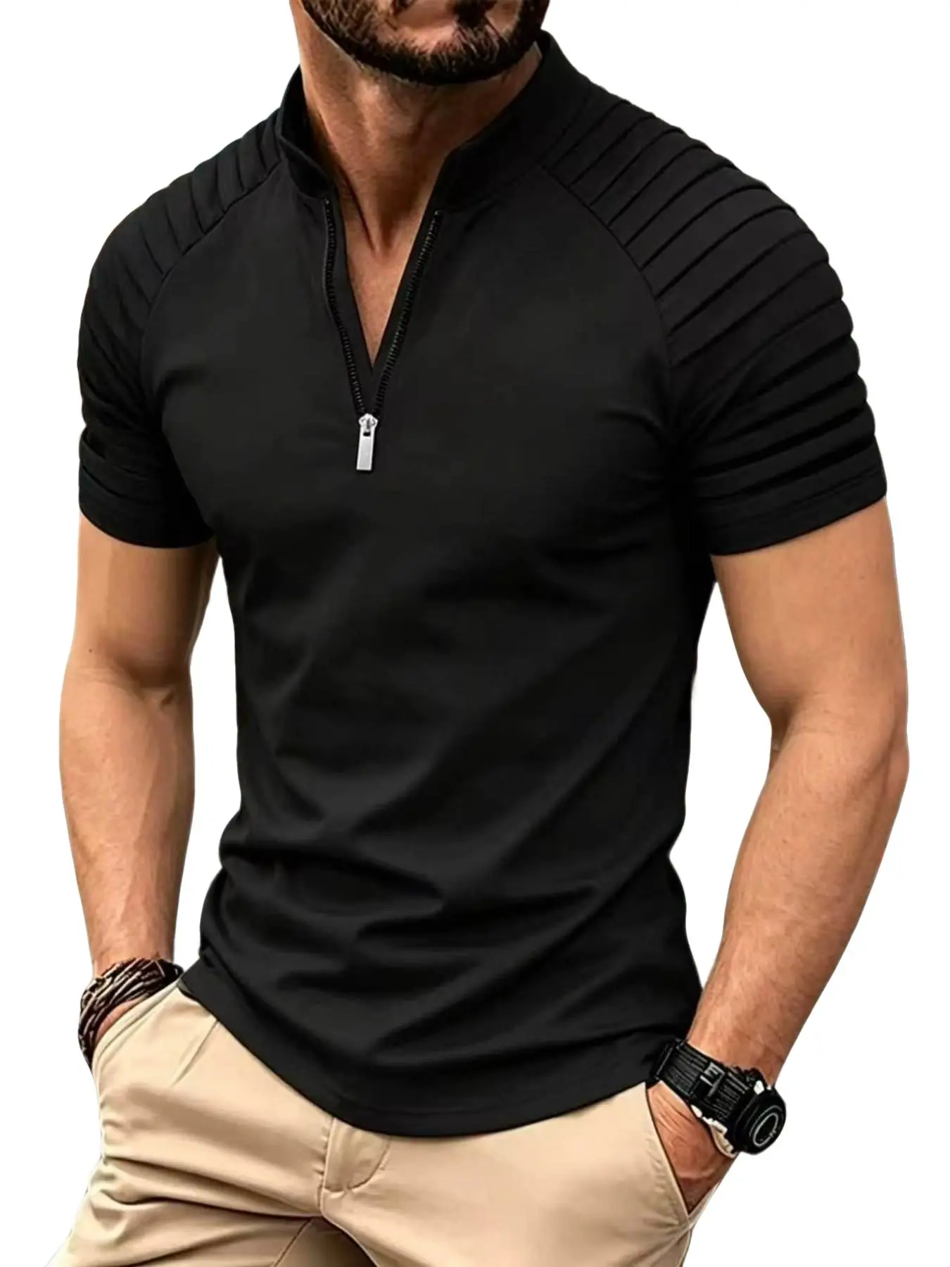 Men's Half-Zip Stand Collar Short Sleeve Shirt, Comfortable Fit, Ideal for Daily Wear, Durable Material, Multiple Colors Available, Perfect Gift for Men