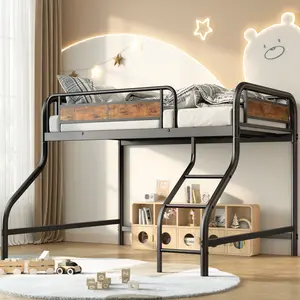 Metal Loft Bed Frame with Ladder and Full-Length Safety Guardrails, Space-Saving High Loft with Underbed Storage, No Box Spring Needed, Easy Assembly