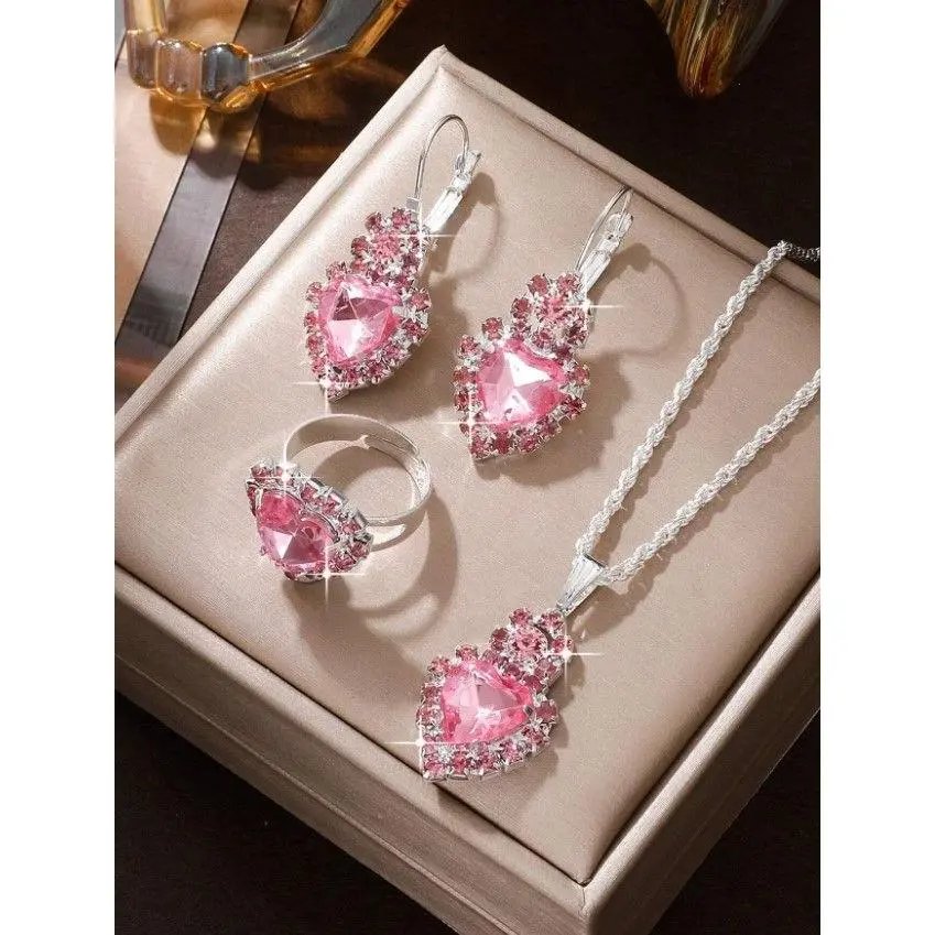 4pcs/Set Ladies' Pink Heart-Shaped Jewelry Set With Rhinestone Embellishment, Including Ring, Pendant, Earrings And Necklace Valentines