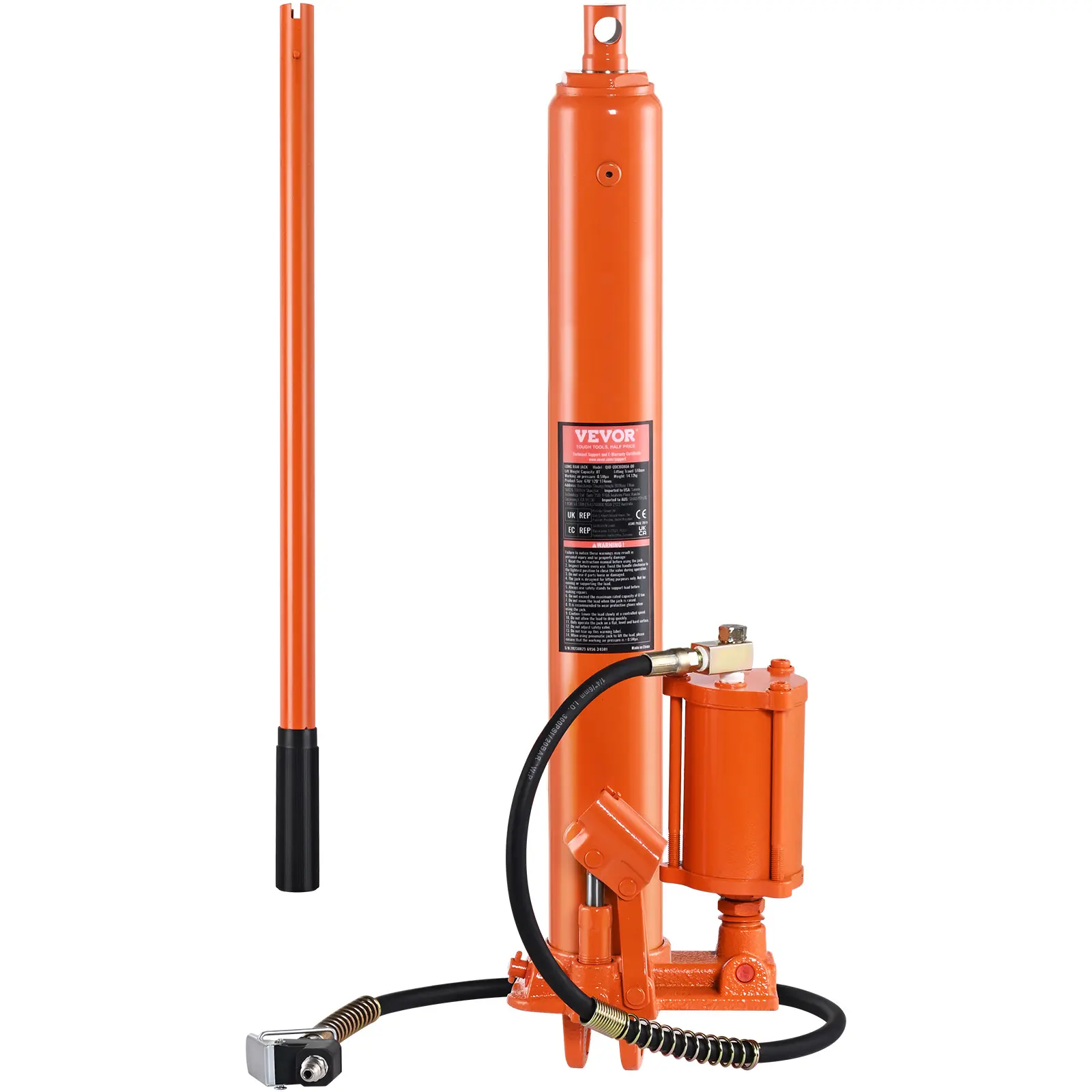 【BackToSchool】VEVOR Hydraulic Long Ram Jack, 8 Ton Engine Hoist Cylinder with Air Pump and Single Piston Pump, Hydraulic Ram Cylinder Clevis Base for Engine Lift Hoists, Garage/Shop Cranes, Mechanical, Farm
