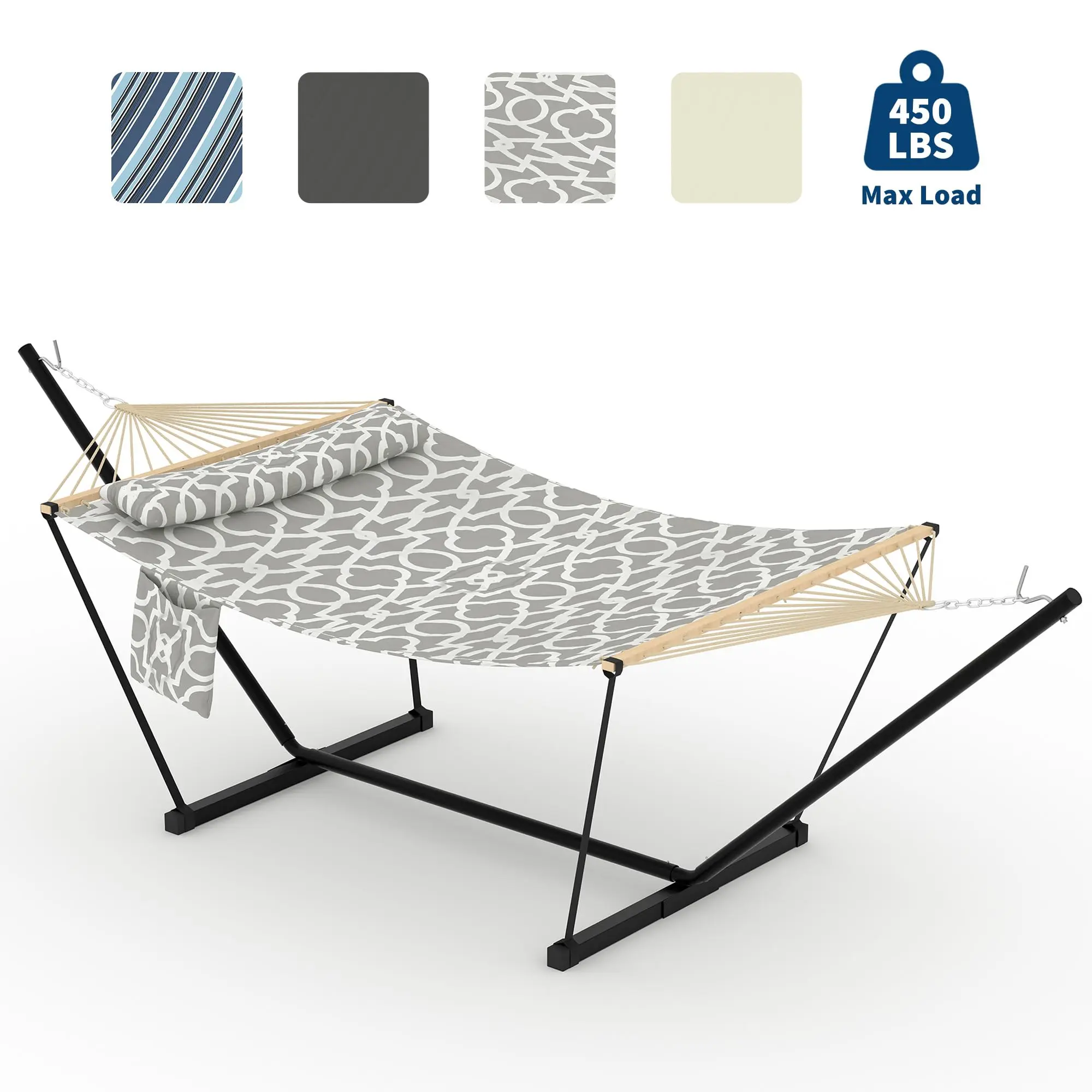Double Hammock with Stand for 2 Person, Heavy Duty Portable Outdoor Hammock with Adjustable Steel Frame for Patio, Garden, Backyard & Beach