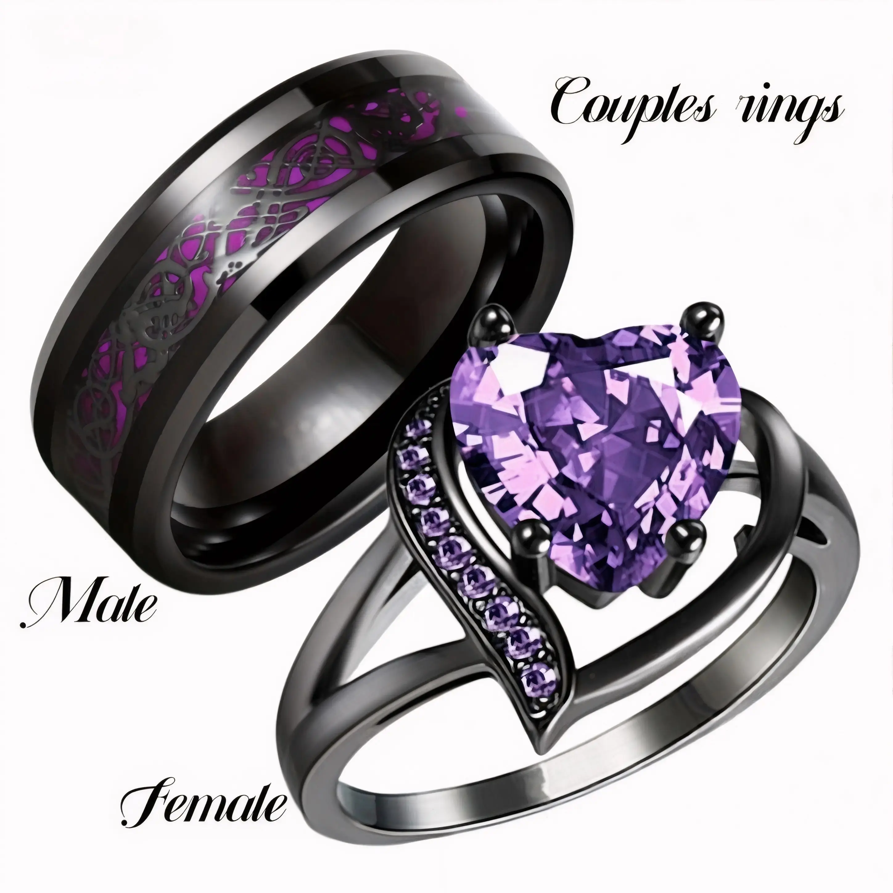 Couples Promise Rings with Heart & Dragon Designs Purple Red Green Blue Zircon Ideal for Engagement Wedding Gifts Romantic Theme Hypoallergenic Scratch Resistant Valentine's Day Gift summerwins