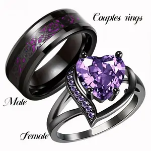 Couples Promise Rings with Heart & Dragon Designs Purple Red Green Blue Zircon Ideal for Engagement Wedding Gifts Romantic Theme Hypoallergenic Scratch Resistant Valentine's Day Gift