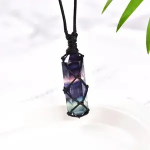 Crystal Gemstone Wire Wrapped Pendant Rainbow Fluorite Hexagonal Point Pendant Cord Necklace, Healing Inner Peace Balance Women Men Necklace