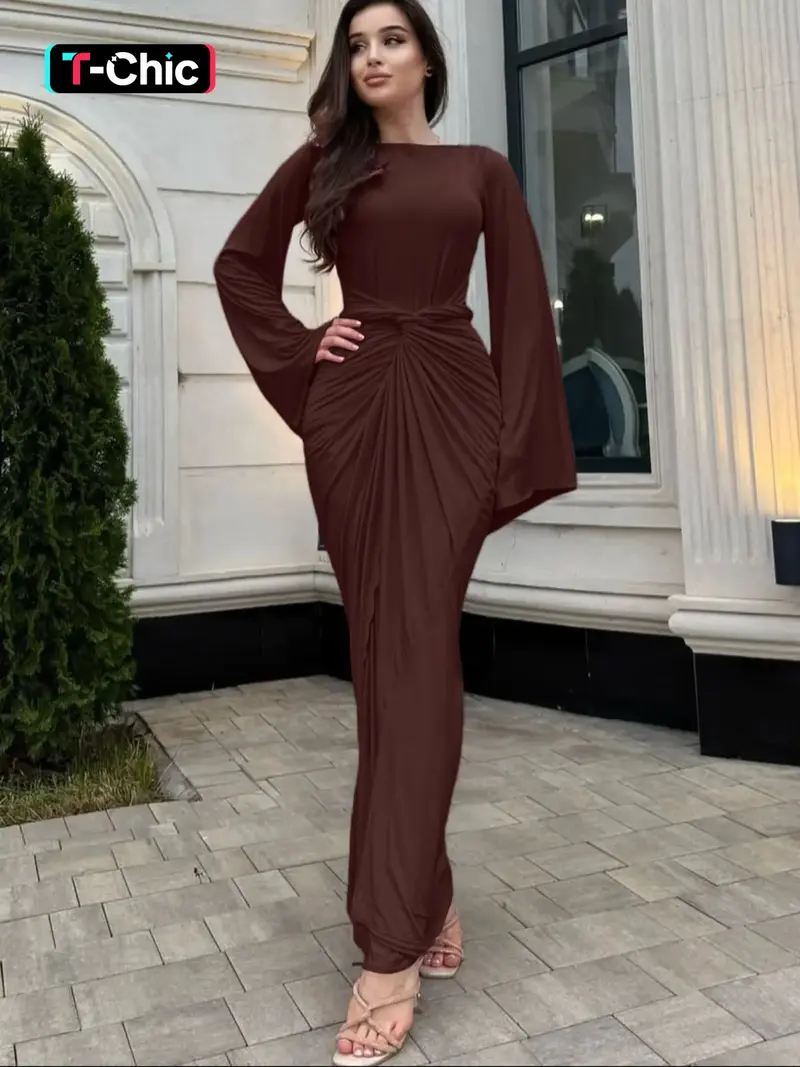 knee length dresses for ladies Sheer Embellished Long Sleeve Evening Gown in Almond - 2