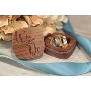 'We Do' Ring Box Design and Magnetic Lid for Wedding Rings - Burlap Insert - Dark Walnut Finish Engraved Quad Organiser Wooden