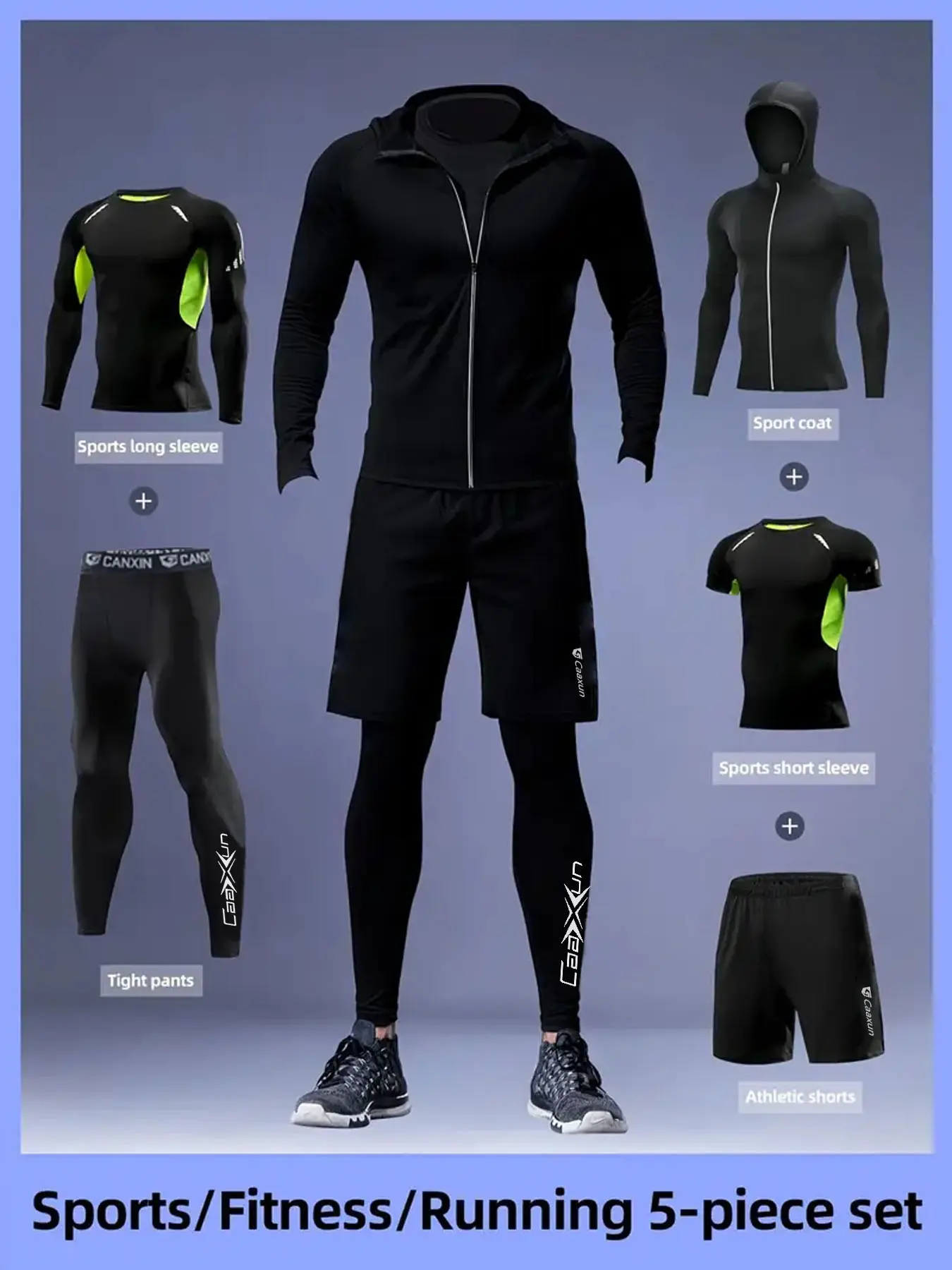 Men's 5-Piece Sportswear Set, High-Elastic Knit Fabric, Round Neck Pullover, Slim Fit Solid Color Design, Breathable Quick-Dry, Sports Clothing Set, All Season Activewear, Athletic Sportswear