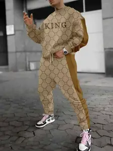 Men's Fashion Sweatshirt Set, 3D Printed Drop Shoulder Round Neck Long Sleeves Long Pants Two-Piece, Casual Fall & Winter