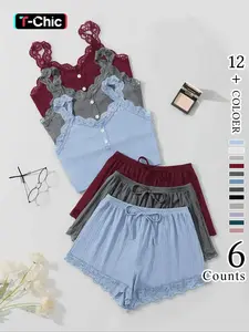 Women's Elegant Chic Contrast Lace Button Jersey Cami Top & Elastic Waist Tie Front Shorts Pyjama Set, Casual Comfortable Soft Loungewear Set For Women, Fit Pyjamas for Women, Spring