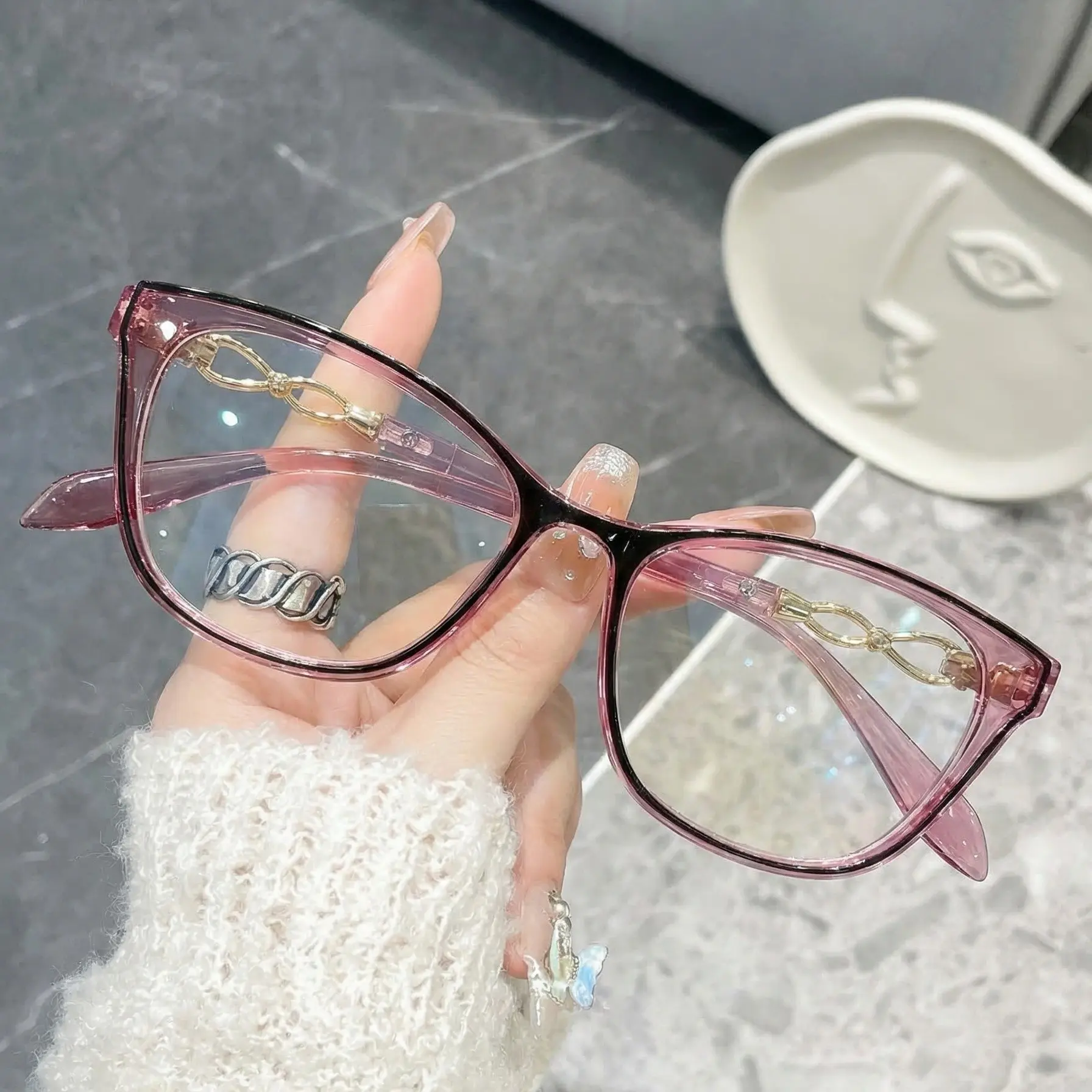 Vintage Cat Eye Reading Glasses, Colorblock Chain Decor, Blue Light Protection, Multiple Diopter Options, Fashion Eyewear for Women, Reading Eyeglasses