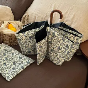 Retro Floral Umbrella for Women Curved Handle Folding Umbrella UV Protection Cute Umbrella Portable Parasol Rain Sun Girl Gift