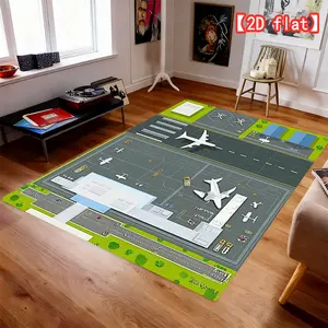 2D fiat Airport runway and airplane model diagram, flannel area rug, suitable for living room/bedroom/entrance/office/gaming room, warm home, affordable price, multiple sizes available