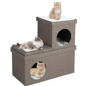 2-Tier Cat House Cat Beds for Indoor Cats - Large Cat Cave for Pet Cat House, Cute Modern Cat Condo for Multi Small Pet Large Kitten, Brown