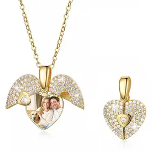 Heart-shaped Open and Close Diamond-encrusted Lover's Gift Necklace, Angel Wings Hollow Double-layer Heart Necklace, DIY Photo Necklace Gift for Girlfriend