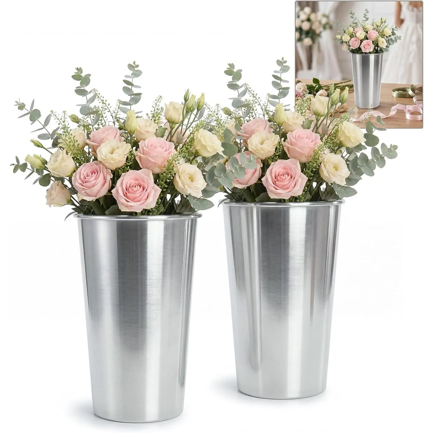 Kingrol 2-Pack Durable Aluminum Flower Buckets - 11.25" Tall Tapered Round Metal Containers, Minimalist Home Decor Vases, Rust-Resistant for Fresh Cut Flowers, Florist Studio Events, Farmhouse Use