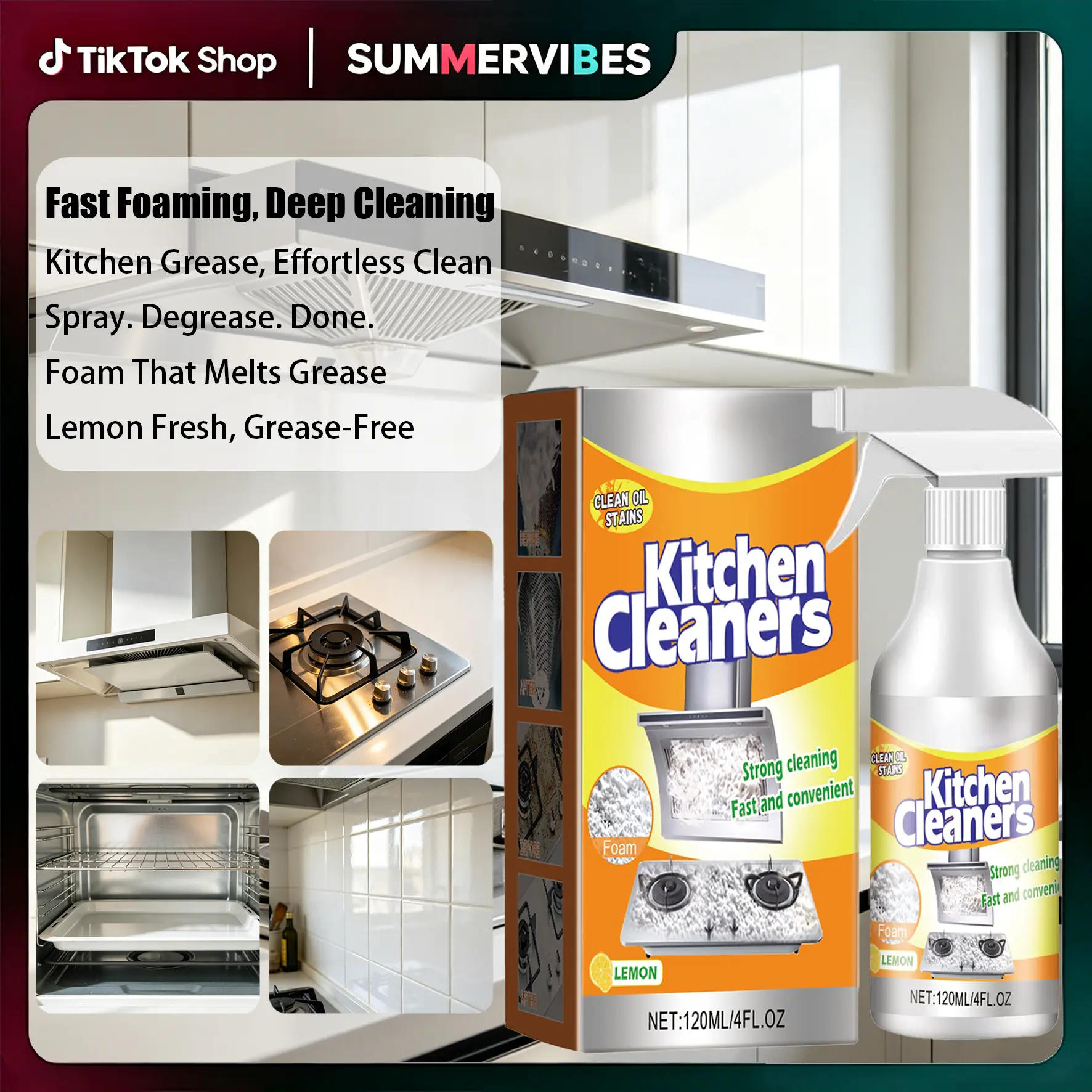 120ml 4-in-1 Multi-Enzyme Fragrance Foam Spray Cleaner, Lemon-Scented Heavy-Duty Deep Stain Remover with Vitamin C, All-Purpose Household Kitchen & Car Interior Detailing Cleaner
