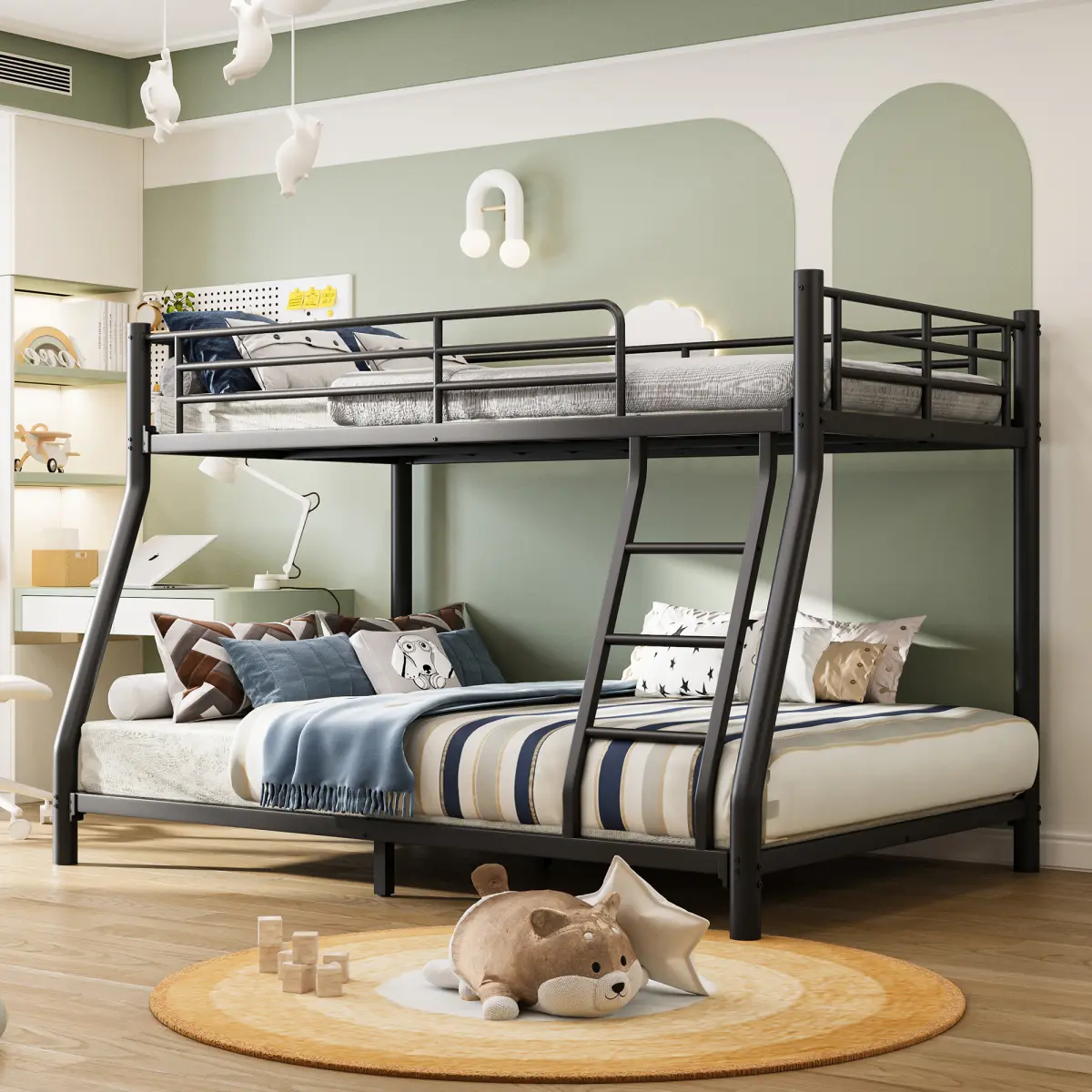 Bunk Beds Twin Over Full Size, Heavy Duty Bunk Beds with Bottom Space & Guardrail Metal Bunk Bed Frame for Adults Dorm Bedroom Guest Room, No Box Spring Needed