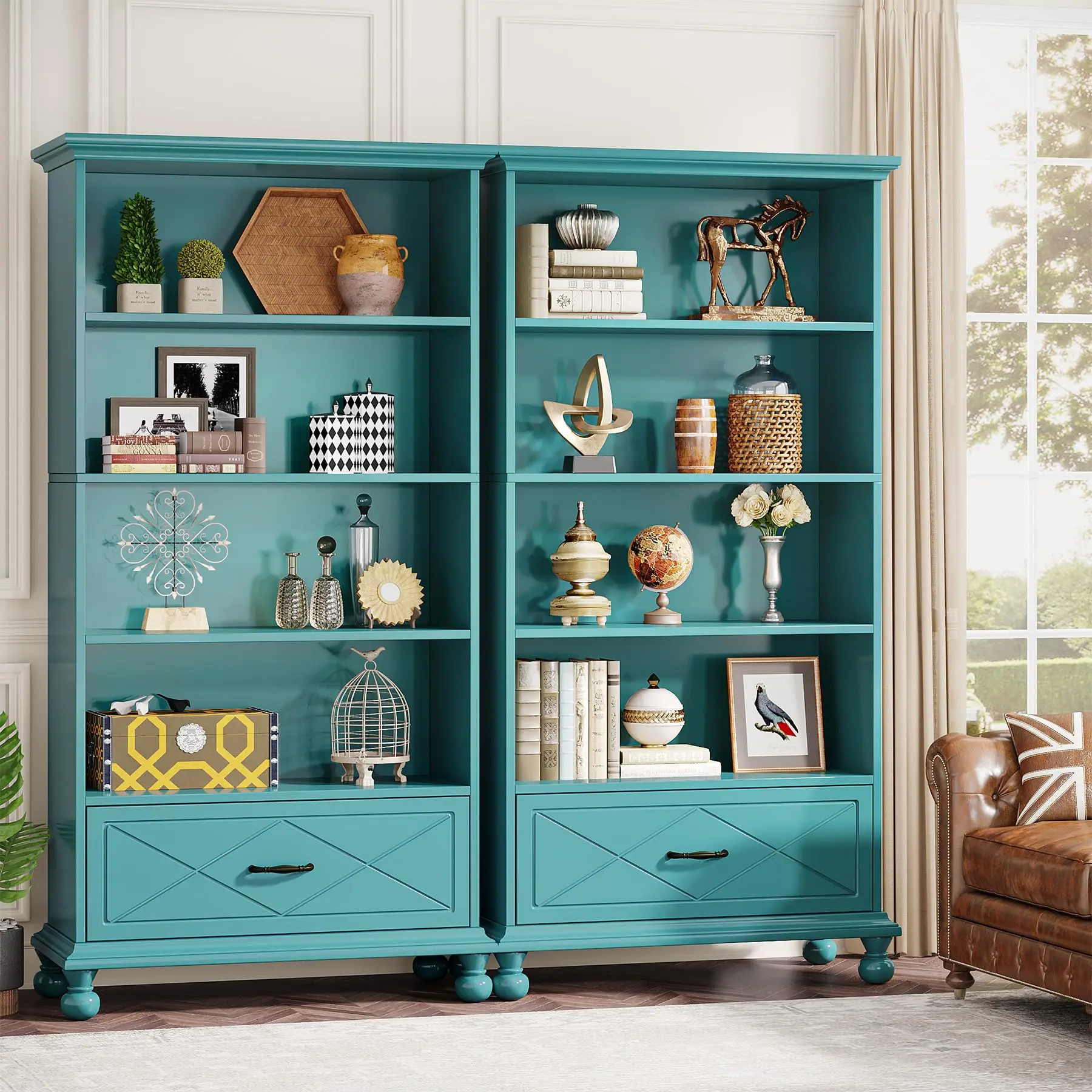 Tribesigns 6-Shelf Bookcase Set, Floor Standing Bookshelf with Drawer and Wood Legs for Home Office, Ocean Blue