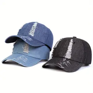 Unisex Vintage Holes Denim Wash Baseball Cap Outdoor Sport Adjustable Sunscreen Leisure Hat Spring Autumn Travel Tourism Beach Vacation