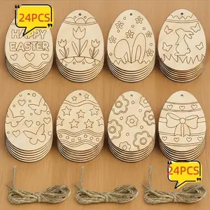 48pcs Easter Wooden Assorted Egg Shapes, Blank Wooden Ornaments, Hanging Ornaments, Poplar Wood Ornaments, Egg-Shaped Blank Wood Pieces, 24 Wood Pieces & 24 Strings, Spring Home Decor, DIY Projects, Spring Theme, Natural Material
