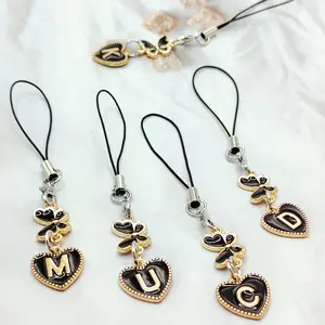 Black European Style Alphabet A-Z Phone Strap Exquisite Butterfly Pendant Bag Accessories