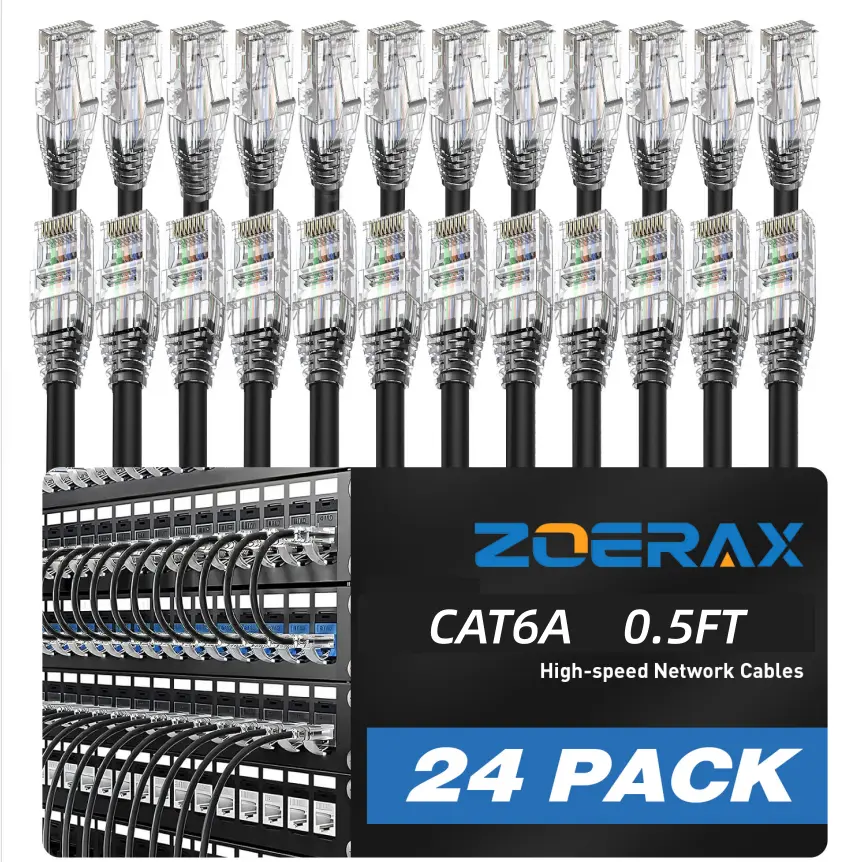 Zoerax 24-Pack of 0.5-Foot RJ45 CAT6A Ethernet Patch Cables, Compatible with Patch Panels, PCs, TVs, Tablets, and Routers