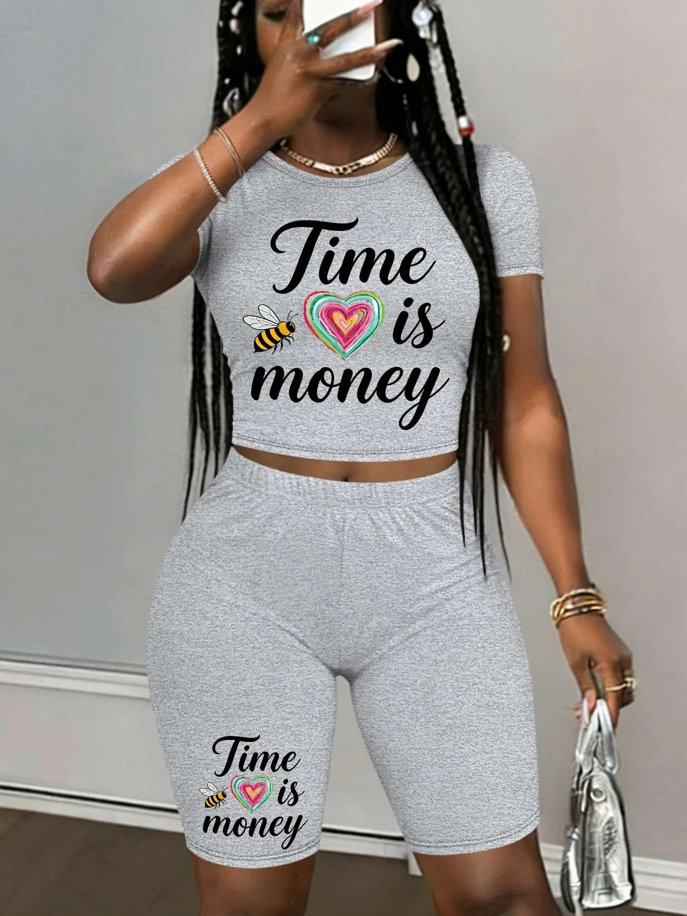 Personalized print patterns Two-Piece Set Women's Lip Print Fitted Short Sleeve Crop Top & Skinny Jumpsuit, Casual Fashion Cozy Round Neck Tee & Jumpsuit for Daily Everyday Outdoor Wear, Ladies Clothes for Spring, Summer, Overalls, Womenswear, Style