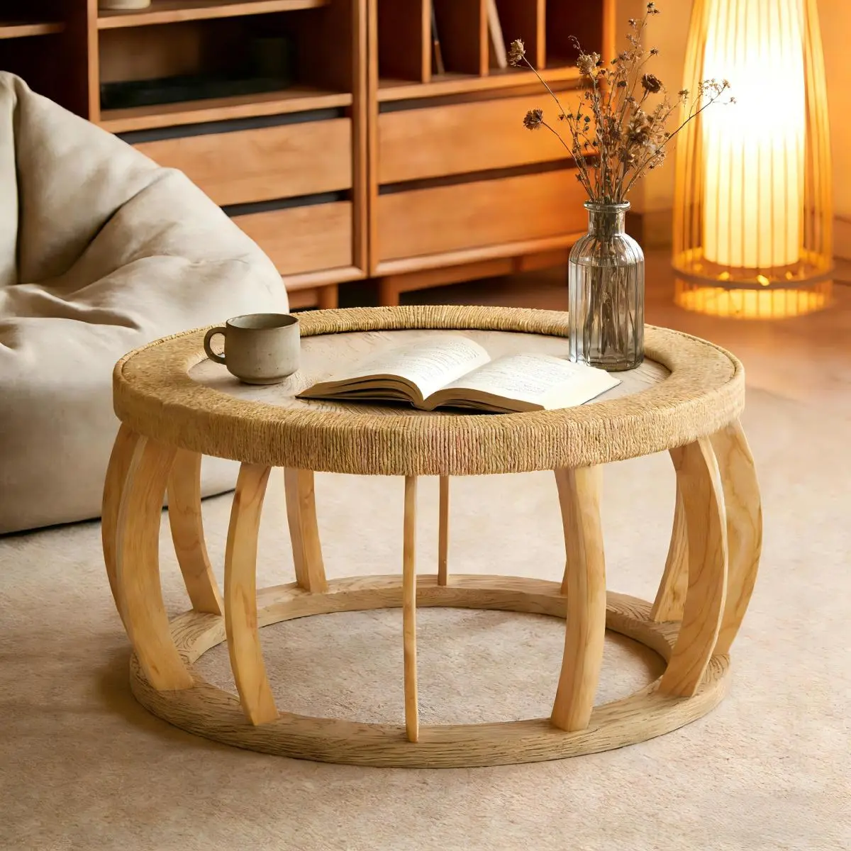 [Bellemave] 35.43"Vintage Rattan Solid Wood Round Coffee Table, Curved Legs Boho Accent Table for Dining Room, Kitchen And Living Room