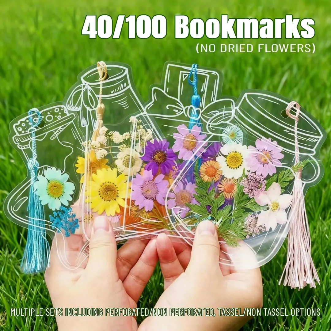 40/100 PCS Random Pattern Clear Dried Flower Bookmarks, DIY Bookmarks, Glassware Personalized Stickers, NaturalFlower Bookmarks, Bookmark Stickers, Bookmark Crafts, Bookmark Tassels, Book Accessories For Spring/Summer/Autumn gifts