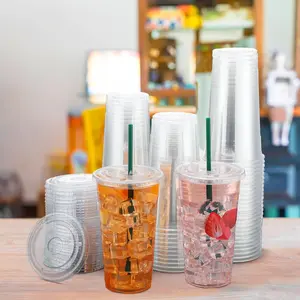 24oz Large Capacity Clear Plastic Drinking Cups, Disposable Coffee Tea Smoothie Cups Complete with Lids and Straws, Daily Household Party Drinkware 25 Sets