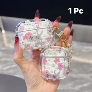 1 Pc Round edge gray purple white flower is suitable for AirPods 3-part protective cover, soft Floral shell is for AirPods Pro 2 and new models, small flower charm design, Protection, Flower Pattern