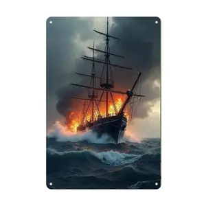 1PC Stormy Ocean Night Aluminum Wall Art Sign, Artistic Burning Ship Decor for Home Bar Office Cafe Garage, Rustic Decorative Hanging Art Suitable for Holiday Seasonal Decorations