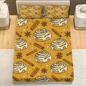3Pcs Cinnamon Roll Pattern Fitted Sheet Three Piece Set (1*Fitted Sheet+2*Pillowcases, Coreless), Holiday theme, Cozy Delicious Bedding Set, Mattress protector Soft, Breathable