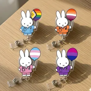 Cute Bunny LGBTQ+ Pride Month Badge Reel Retractable Set Kawaii Rainbow Balloon Medical Nurse Doctor Acrylic ID Card Holder Hospital Nursing Gift