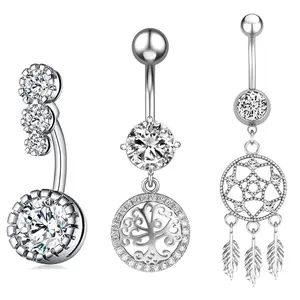 OIDEA 3PCS 14G Body-Safe Dainty Gemstone Piercing Jewelry Set, 316L Surgical Steel Belly Button Rings with Cubic Zirconia Rhinestone Tree of Life Dreamcatcher Dangles, Body-Safe Piercing Jewelry, Navel Piercing, 1.6Mm Gauge