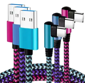USB Type C Cable 2.1A Fast Charging: [90 Degree/6ft/3Pack] Nylon USB C Cord Right Angle Compatible with Samsung Galaxy S23/S22/9/Note 10, USB C Charger-Blue/Magenta/Purple