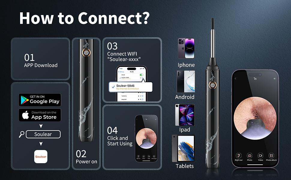 1080P HD EarWax Removal Tool with Camera 7 Pcs Set Rechargeable USB Battery Dual Power Safe Ear Care Gentle with WiFi