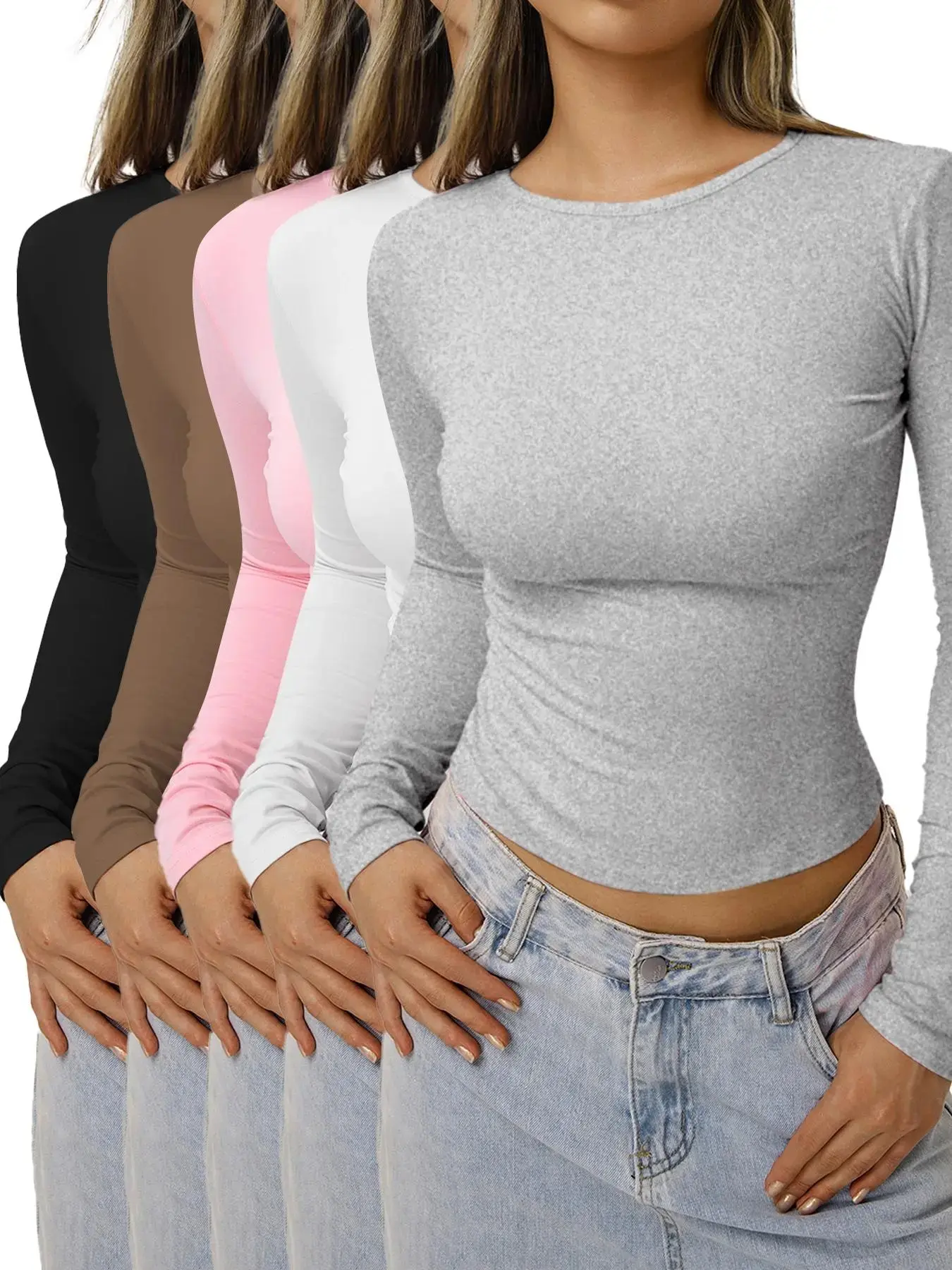 Women's Solid Basic Long-Sleeve Cropped Ruched Lounge Tee, Casual Comfy Chic Round-Neck T-Shirt for Daily and Everyday Wear, Ladies Sleepwear and Loungewear for Spring and Fall