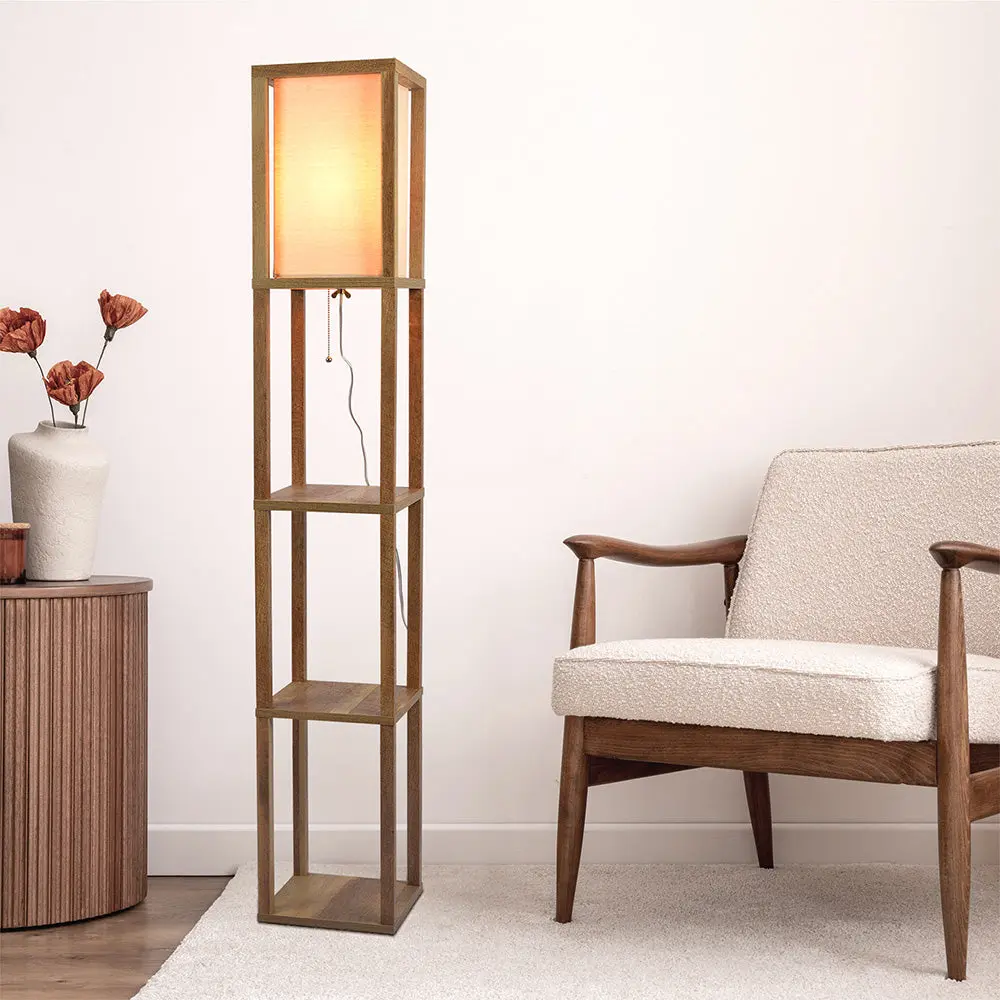 Premiere Lamps Pinnacle Shelf Floor Lamp Natural Wood with Long Shade