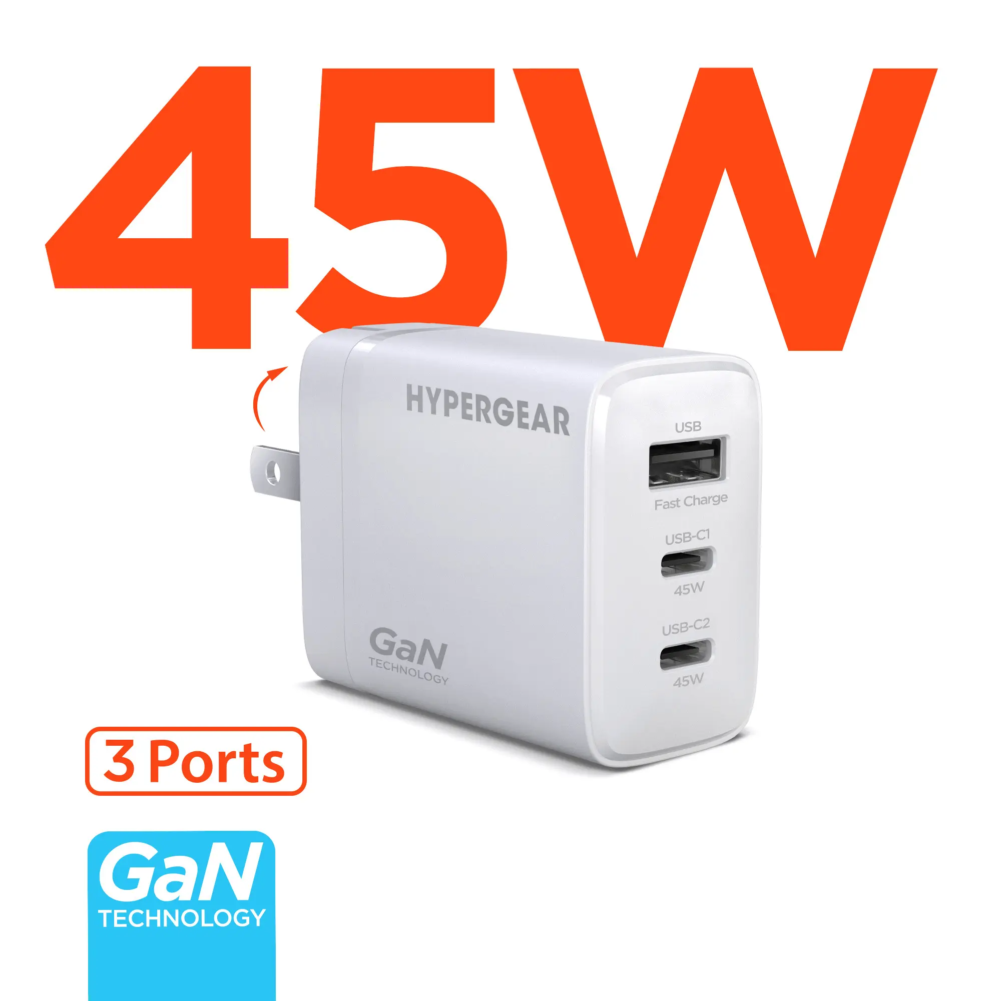 HyperGear SpeedBoost 45W USB-C PD Tri-Port GaN Fast Wall Charger with PPS Android Device Tablets Foldable
