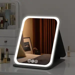 Rechargeable LED Travel Makeup Mirror, Portable Lighted Beauty Mirror, 3 Lighting Modes, Dimmable Touchscreen, Foldable LED Desktop Makeup Mirror