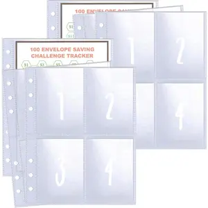 2 Pack 4 Pocket 100 Envelopes Money Saving Challenge Sleeves and Tracker Sheet Protector, Fit for 6 Ring A5 Binder, Pre-Printed 1~100 Numbers Money Pockets Refill Pages,Top Loading Currency Pages