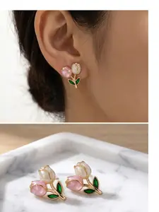 Tulip Bud Earrings, Colorblock Glaze Design, Sweet and Versatile, Daily Commute Jewelry, Elegant Alloy Chain, Choking Hazard Warning