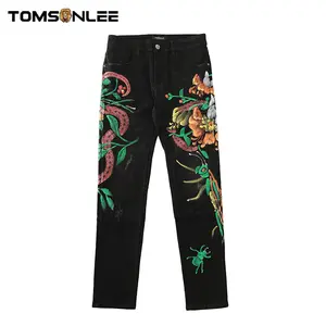Cyberpunk Aesthetic Embroidered Jeans for Men - Slim Fit Distressed Denim Streetwear with Graphic Snake Detail