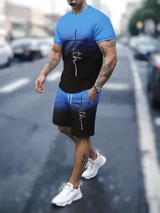 Men's Summer 2-Piece Set: Stylish Printed Short-Sleeve Crew Neck T-Shirt and Drawstring Shorts Set; Casual, Sporty, Streetwear, Vacation, Comfortable, and Breathable Summer Suit hawaiian  suit boohoo  man  partner