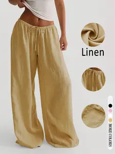 Women's Textured Wide Leg Pants, Lady, Drawstring Waist, Fitted Drop Waist, Casual Basic Long Regular Fit, Summer Fashion Essential, Breathable, Bottom
