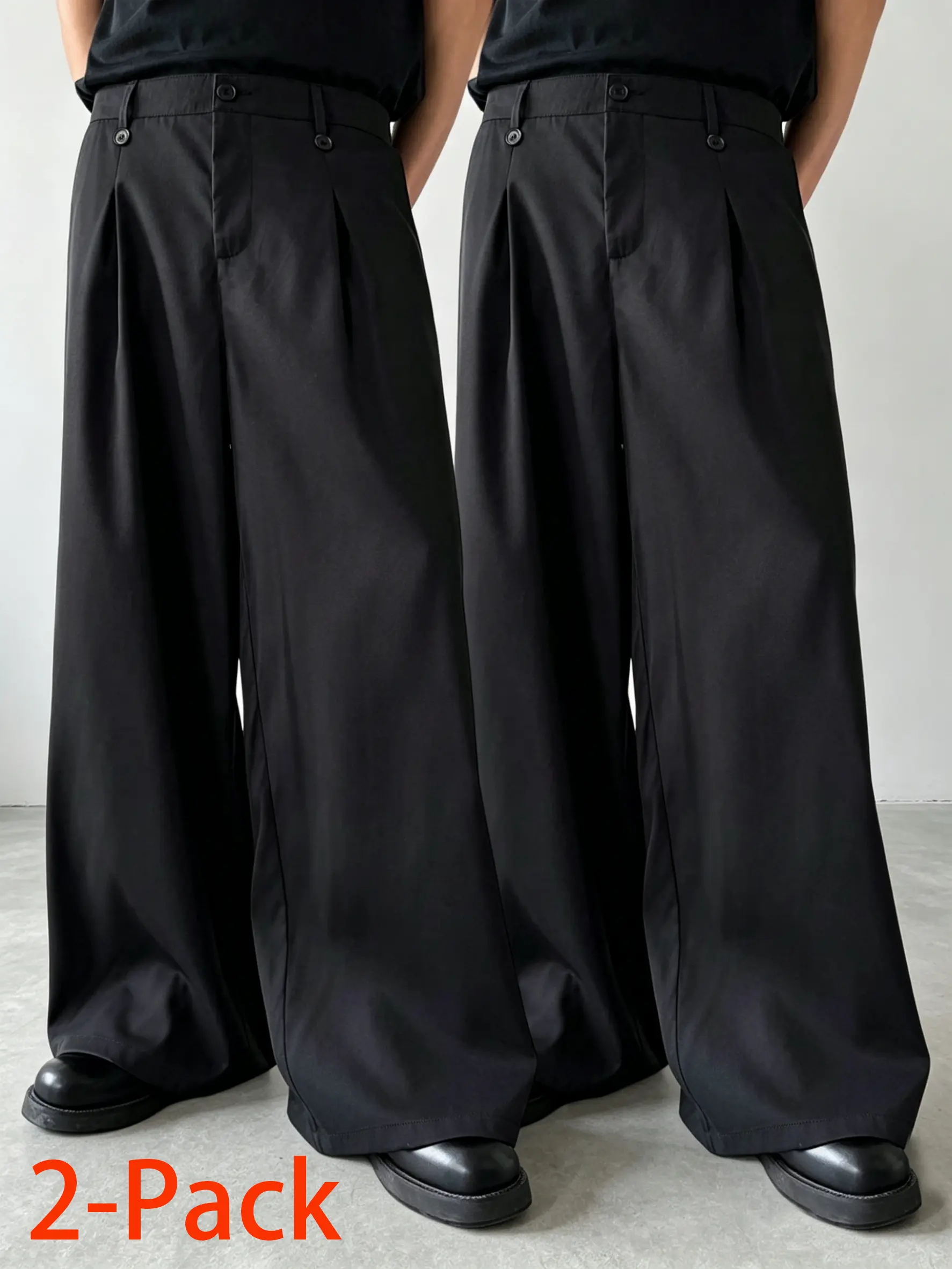 Men's 2-Pack High-Waist Minimalist Menswear Dress Pants - Plain, Stylish, Loose Baggy Wide-Leg Pleated Trousers with Button Closure, Side Pockets, Flowing Drape - Business Casual Office Work Slacks, Cute, Preppy, Korean, Retro, Vintage