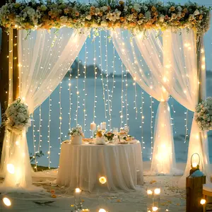 5×10ft Polyester Hanging Sheer Tulle Backdrop Curtain Set with Lights, Decorative Wall Hanging Backdrop for Weddings, Photo Shoots,summervibes