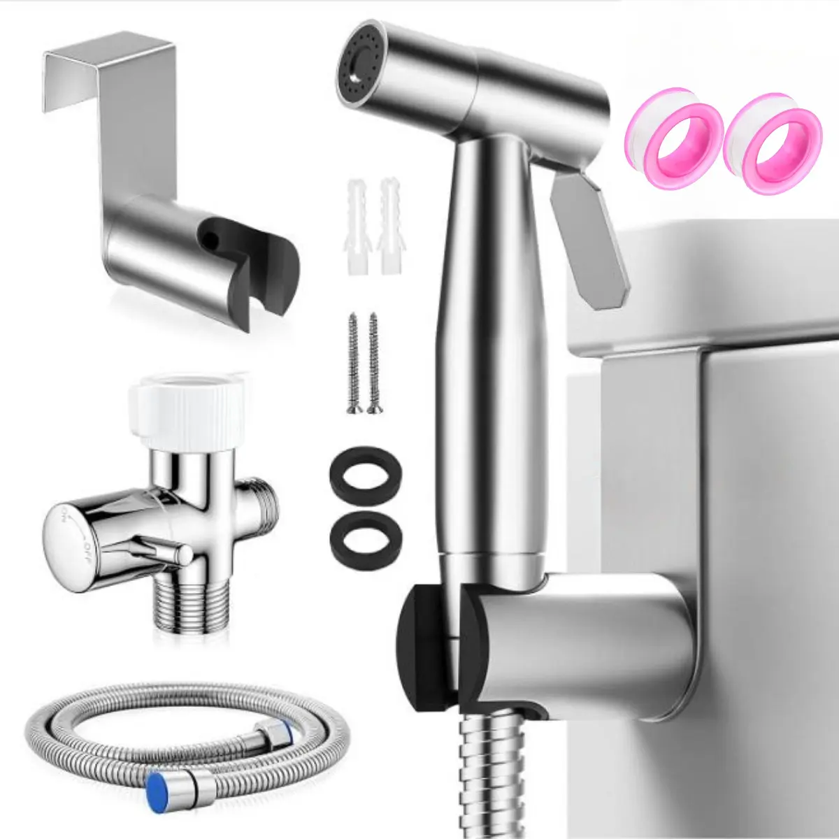 1 set of stainless steel handheld toilet spray gun set - including handheld nozzle, three-way valve, water pipe, bracket, screws and waterproof tape - suitable for personal hygiene, diaper flushing or toilet cleaning