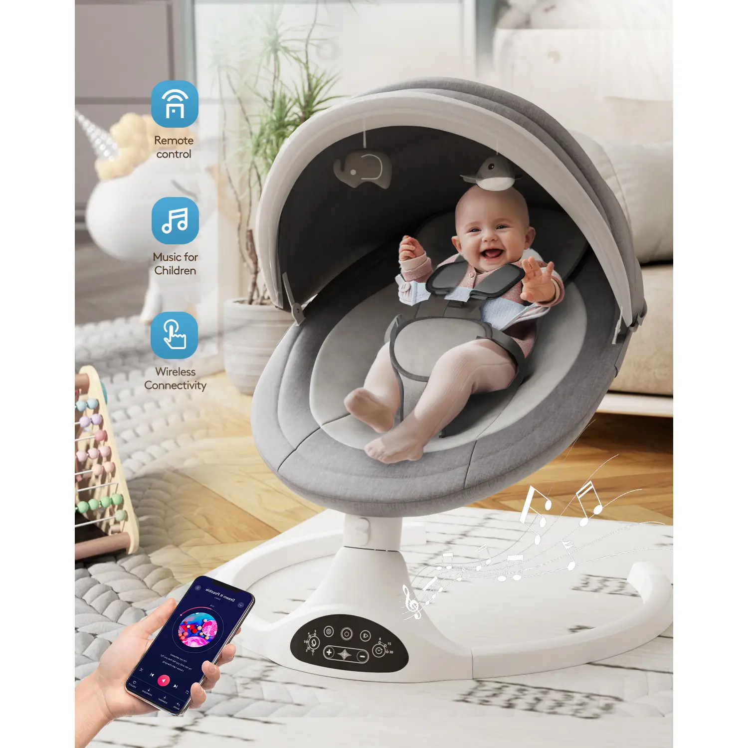BabyBond Baby Bluetooth Swing, with 10 Calming Lullabies, 3 Speed Settings, Remote Control & 5-Point Safety Harness, Gift for Infants & New Parents-Pl